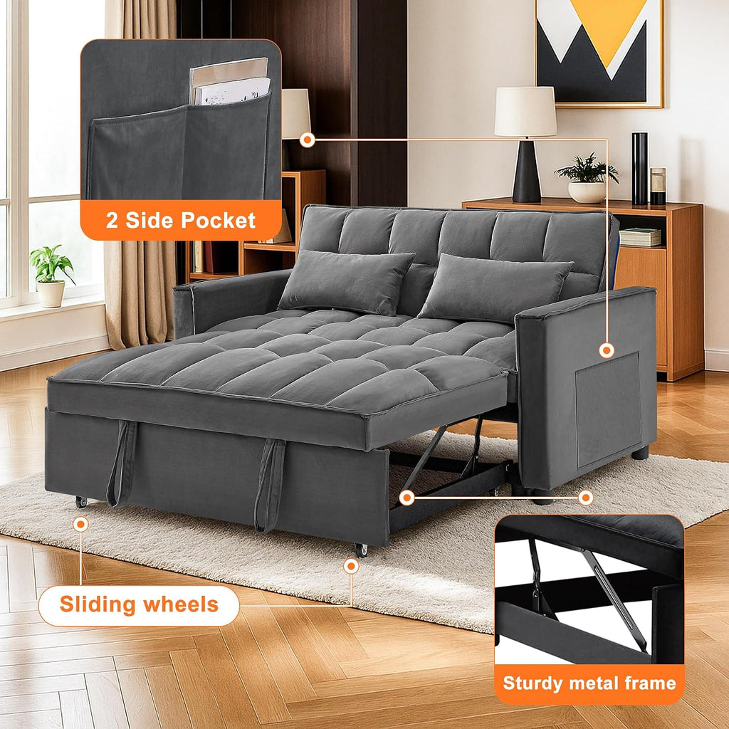 3 in 1 Convertible Sleeper Sofa Bed,Futon Pull Out Couch with Adjustable Backrest,Velvet Fabric Loveseat Sofa with Side Pocket for Bedroom, Living Room