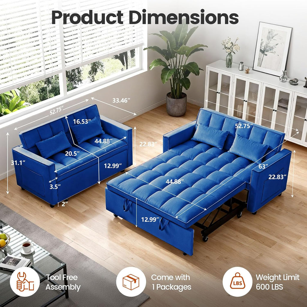 Convertible Sleeper Sofa Bed, Loveseat Sleeper Sofa with Large Side Pockets, Pull Out Sofa Bed with 3 Position Adjustable Backrest, 3 in 1 Velvet Couch Bed for Small Spaces, Apartment, Blue