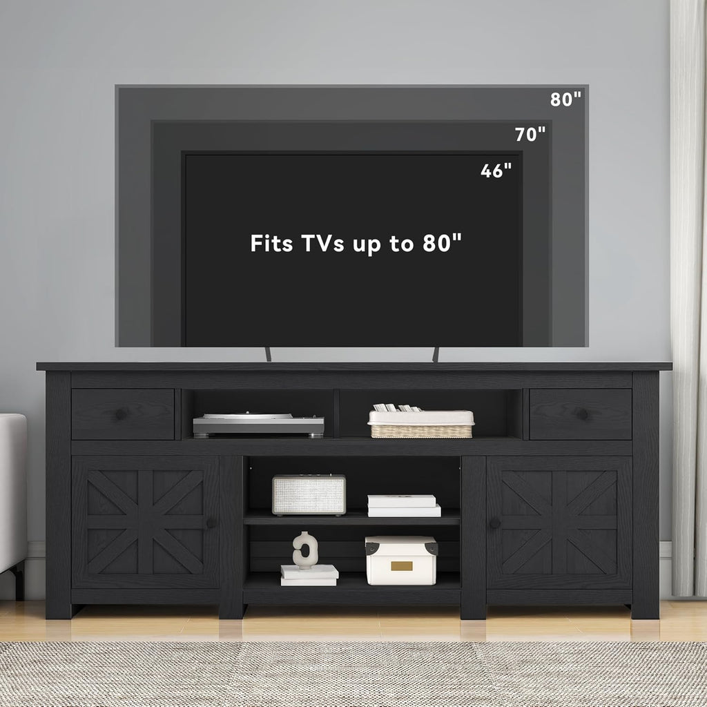 DWVO Farmhouse TV Stand for 75/80 Inches TVs, Entertainment Centers Furniture 30' Tall, TV Consoles with Storage Drawers & Power Outlet, Rustic TV Stands for Living Room, Black