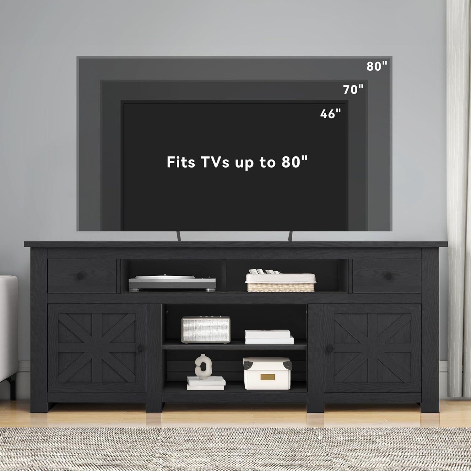 DWVO Farmhouse TV Stand for 75/80 Inches TVs, Entertainment Centers Furniture 30' Tall, TV Consoles with Storage Drawers & Power Outlet, Rustic TV Stands for Living Room, Black
