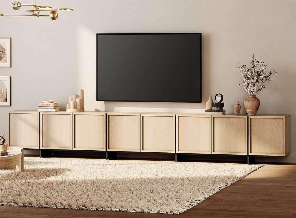 WAMPAT Modern TV Stand for 32-110 inch TVs, Wood Entertainment Center with Storage Cabinets, Media TV Console Table for Living Room, Light Oak