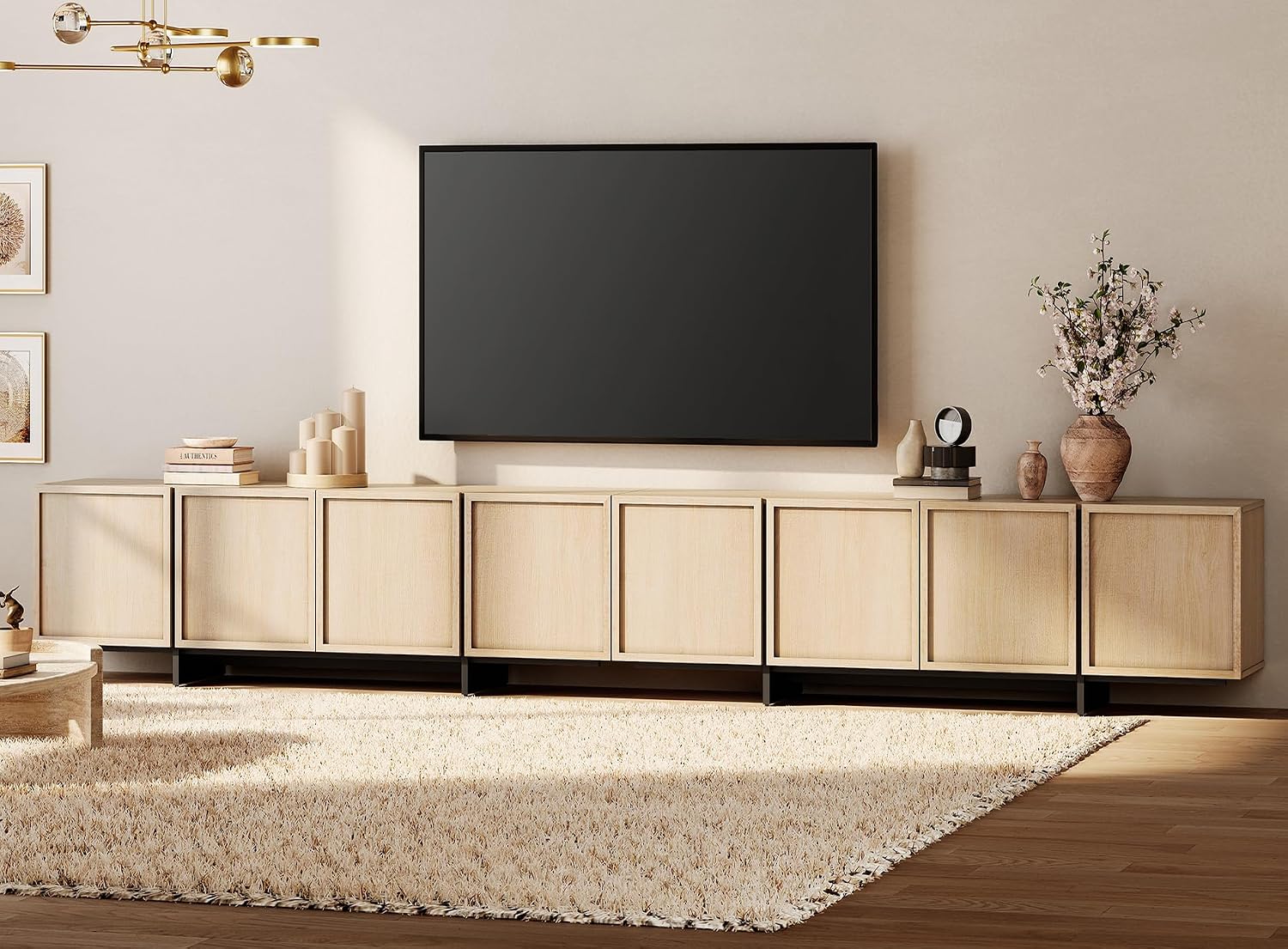 WAMPAT Modern TV Stand for 32-110 inch TVs, Wood Entertainment Center with Storage Cabinets, Media TV Console Table for Living Room, Light Oak
