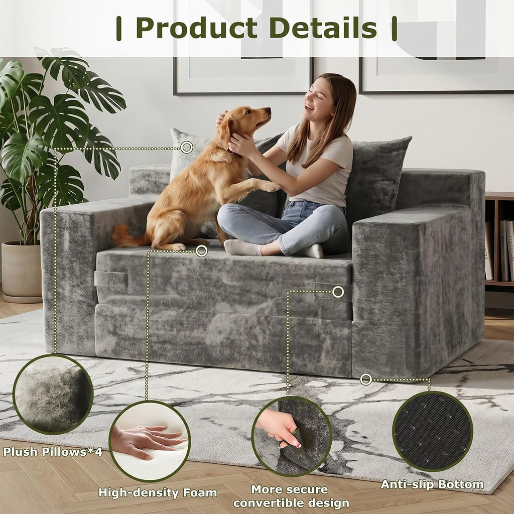Boneless Couch Loveseat Sleeper, Convertible Sofa Bed Folding Couch Bed, Boneless Chair Bed & Futon Sofa Bed, Small Pull Out Couch Foldable with 4 Pillows for Living Room, Light Grey