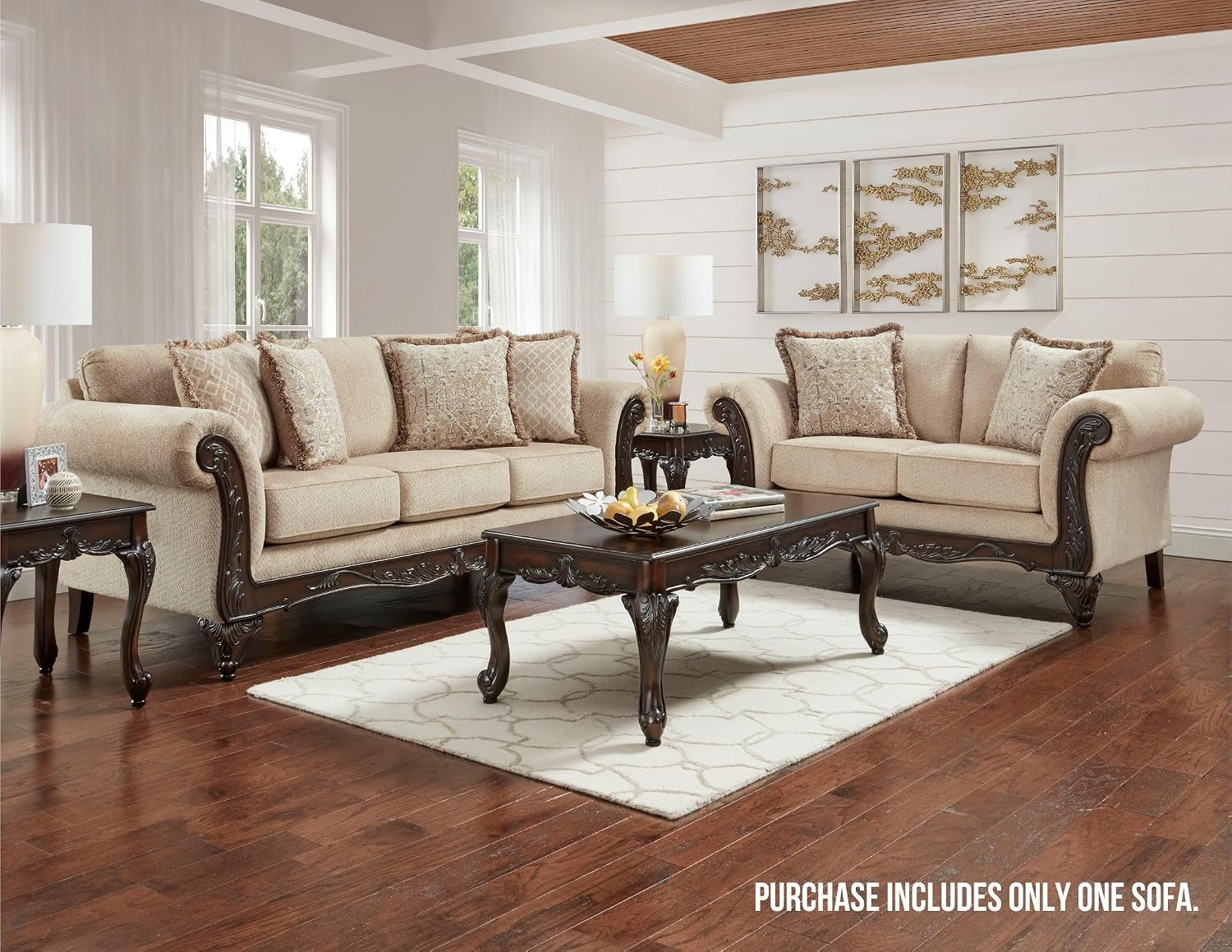 Hernen Carved Wood Frame Sofa, Beige Wheat