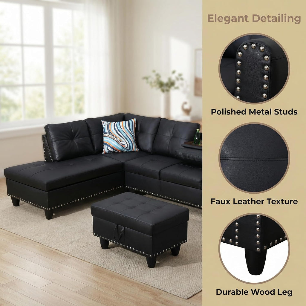 Leather 3-Piece L-Shaped Couches for Living Room, Sectional Sofa with Storage Ottoman & Movable Chaise, Modular Convertible Couch for Bedroom & Apartment, Midnight Black