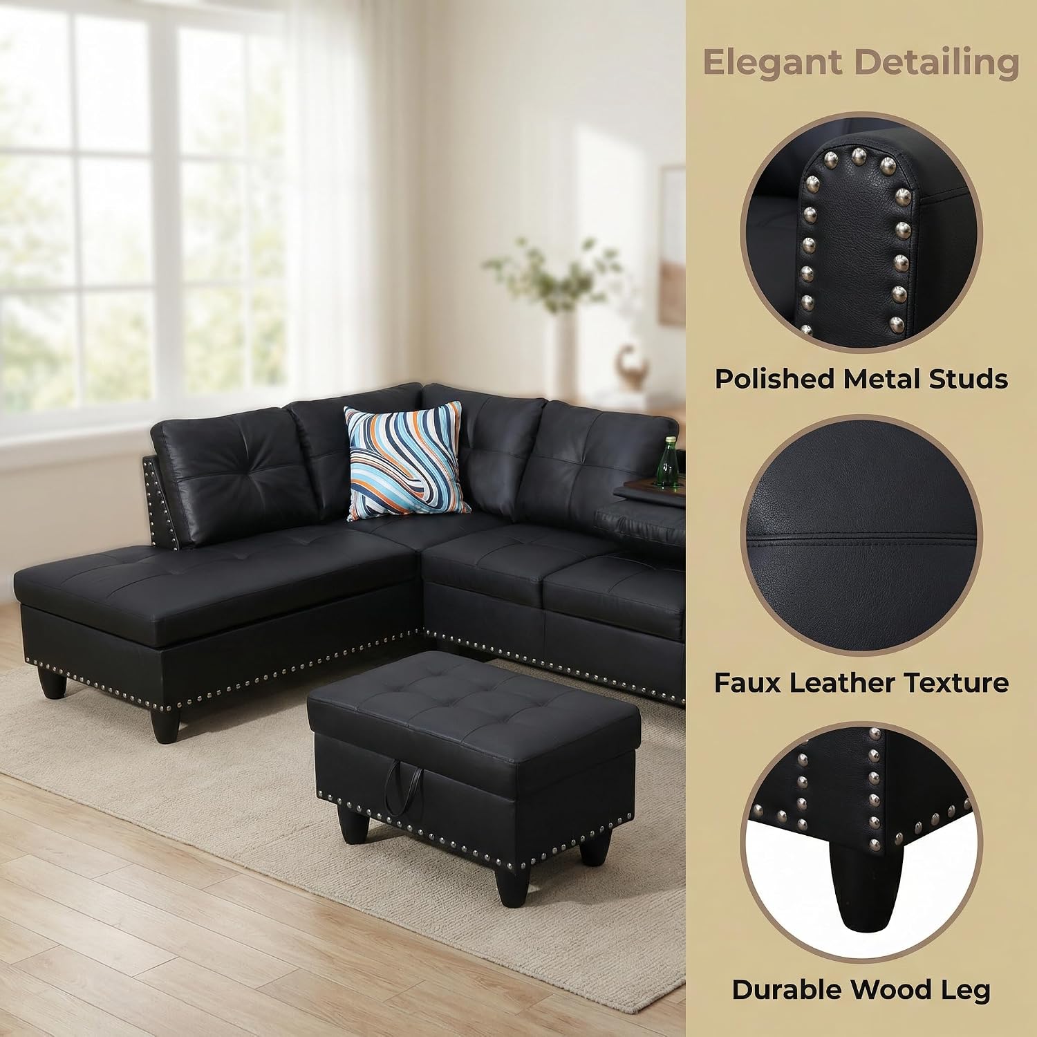 Leather 3-Piece L-Shaped Couches for Living Room, Sectional Sofa with Storage Ottoman & Movable Chaise, Modular Convertible Couch for Bedroom & Apartment, Midnight Black