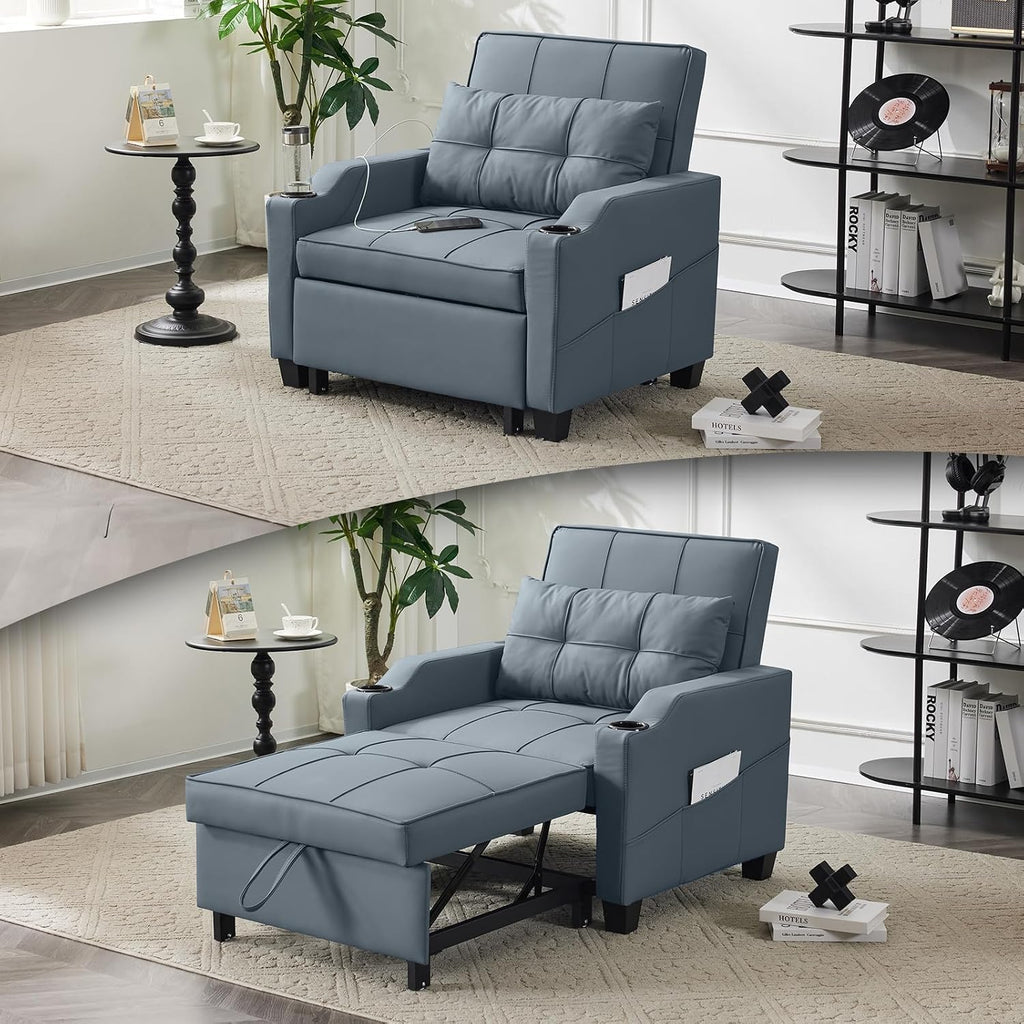 VINGLI Blue Gery Sleeper Chair Bed 3-in-1 Convertible Futon Sofa Bed Pull Out Couch Bed Adjustable Recliner Chair with USB Ports Cup Holders Side Pockets for Living Room Bedroom Small Spaces