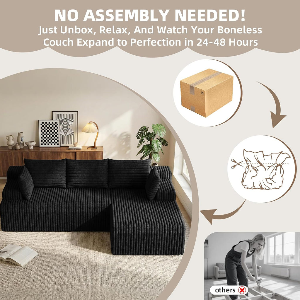 2026 New Boneless Couch, No Assembly Cloud Couch Sectional with Deep Seat & Chaise for Small Space, Upholstered Boneless Sectional Couch for Living Room, L Shaped Couch with Right Facing Chaise, Black