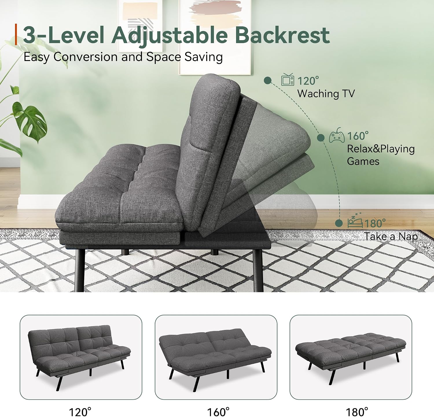 Opoiar Convertible Futon Sofa Bed,71' Memory Foam Futon Couch,Detachable Cushion,Adjustable Backrest & Armrest,Linen Modern Loveseat Sleeper Recliner for Living Room,Office,Apartment,Retro Grey