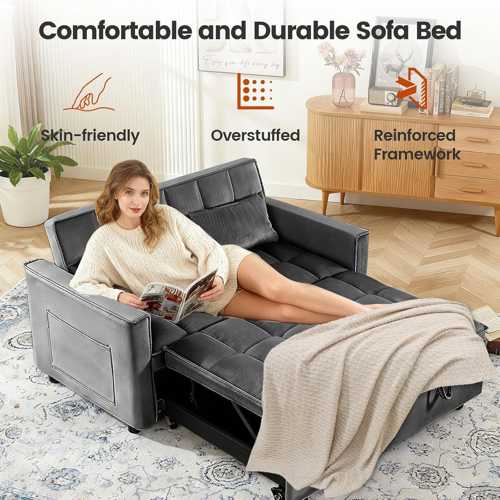 Pull Out Couch, Loveseat Sleeper Sofa Bed with Side Pockets, 3 in 1 Velvet Fabric Convertible Sofa Bed with Adjustable Backrest for Living Room, Bedroom, Apartment, Gray