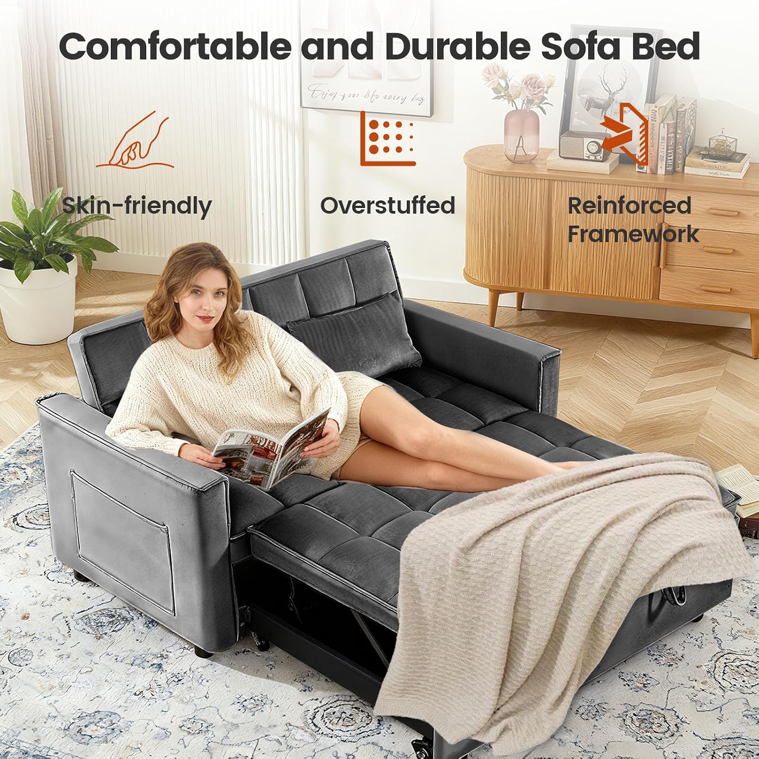 Pull Out Couch, Loveseat Sleeper Sofa Bed with Side Pockets, 3 in 1 Velvet Fabric Convertible Sofa Bed with Adjustable Backrest for Living Room, Bedroom, Apartment, Gray