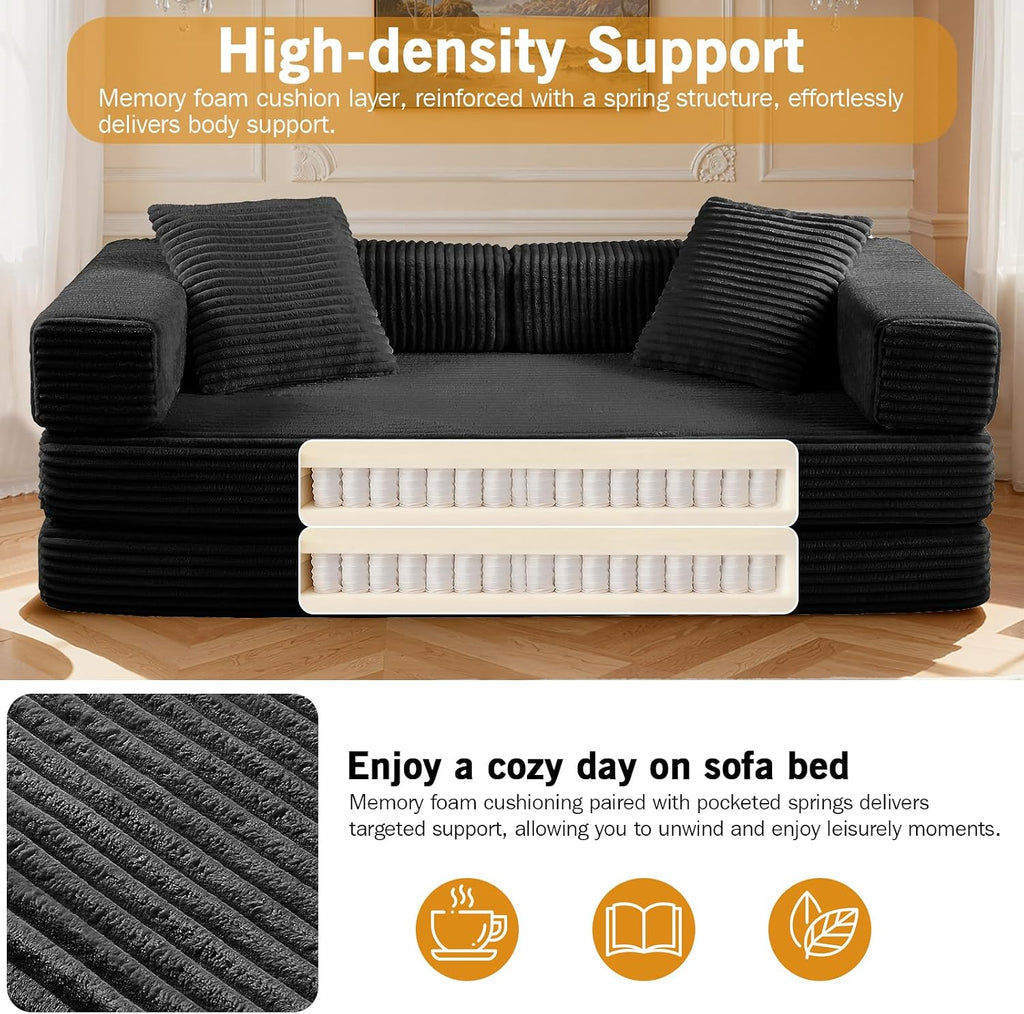 81'' Futon Sofa Bed, Folding Floor Couch Bed, Corduroy Fabric Boneless Couch, Compressed Boneless Sofa in a Box, Comfy Sleeper for Living Room-Black