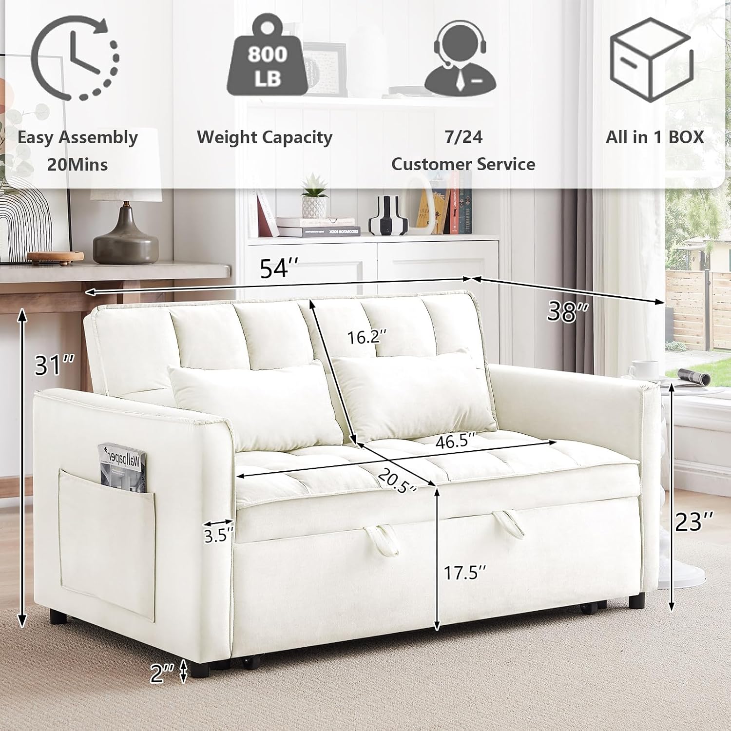 3 in 1 Convertible Sleeper Sofa Bed,Futon Pull Out Couch with Adjustable Backrest,Velvet Fabric Loveseat Sofa with Side Pocket for Bedroom, Living Room (Beige)
