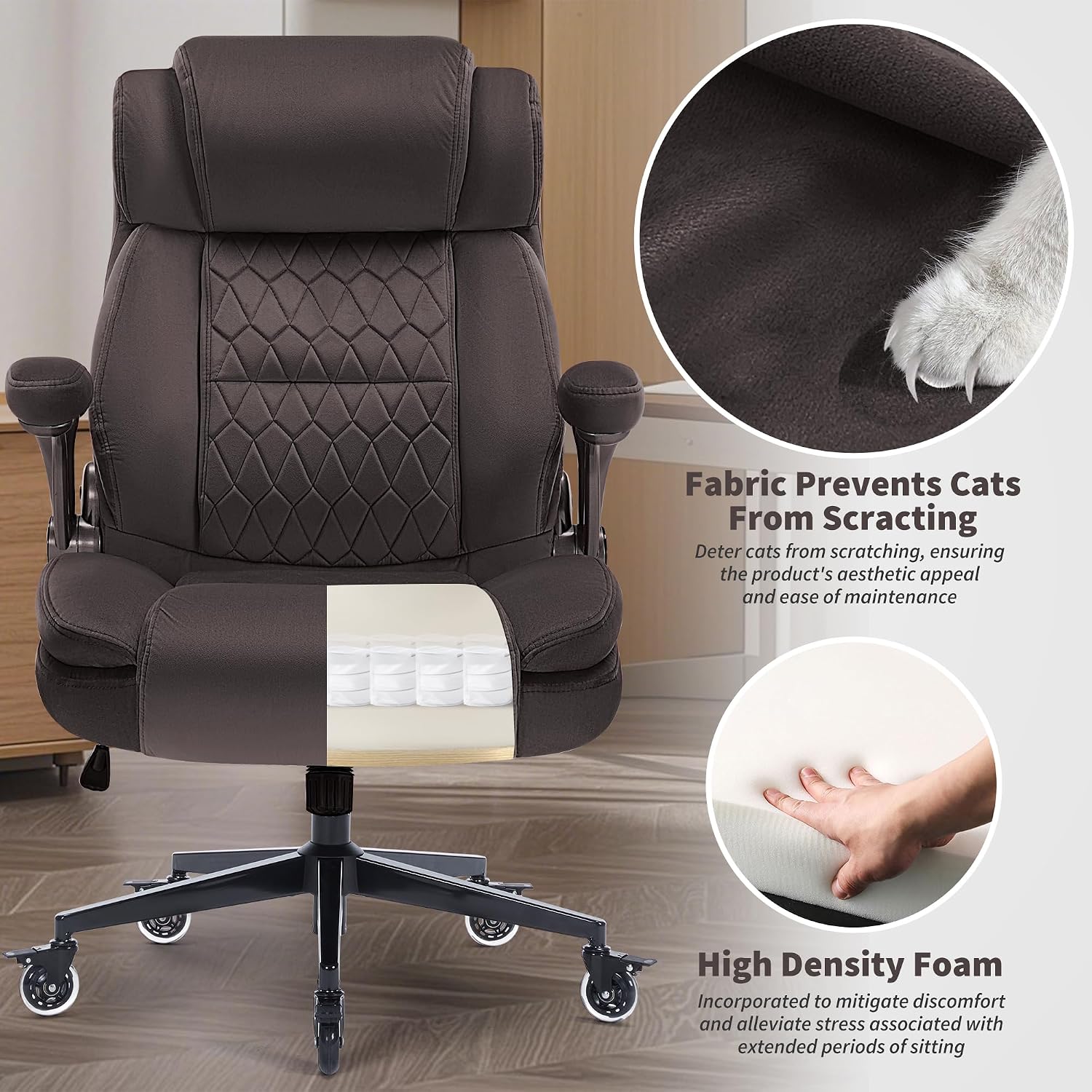 Office Chair with Locking Wheels, Ergonomic High Back Fabric Desk Chair with Adjustable Lumbar Support, Flip-Up Arms, Thick Padded Seat, 400lbs Heavy Duty for Home Office Adults