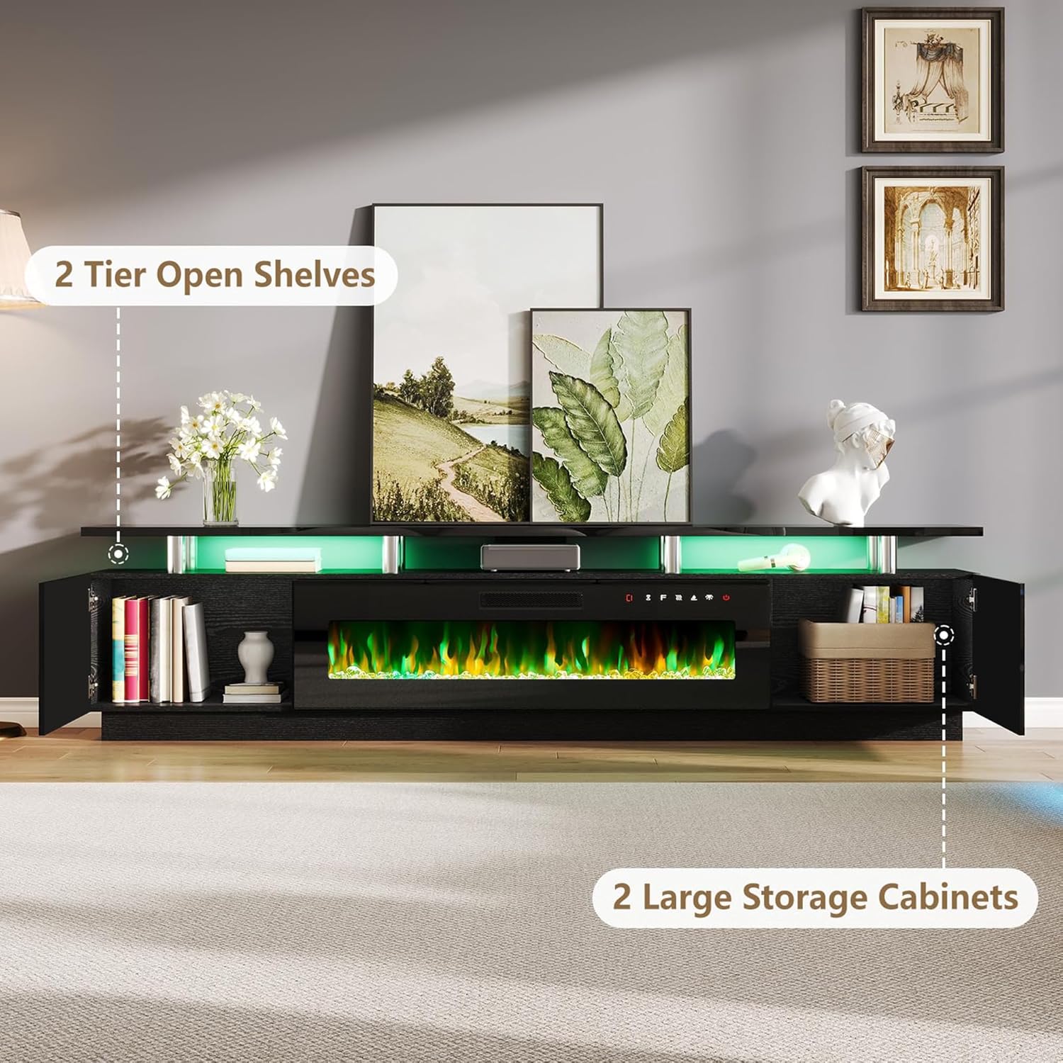 AMERLIFE 90' High Gloss 2 Tier TV Stand with 50' Electric Fireplace, Modern Luxury Large Entertainment Center/w LED Lights, Media Console Table Storage Cabinet for TVs Up to 100', Living Room, Black