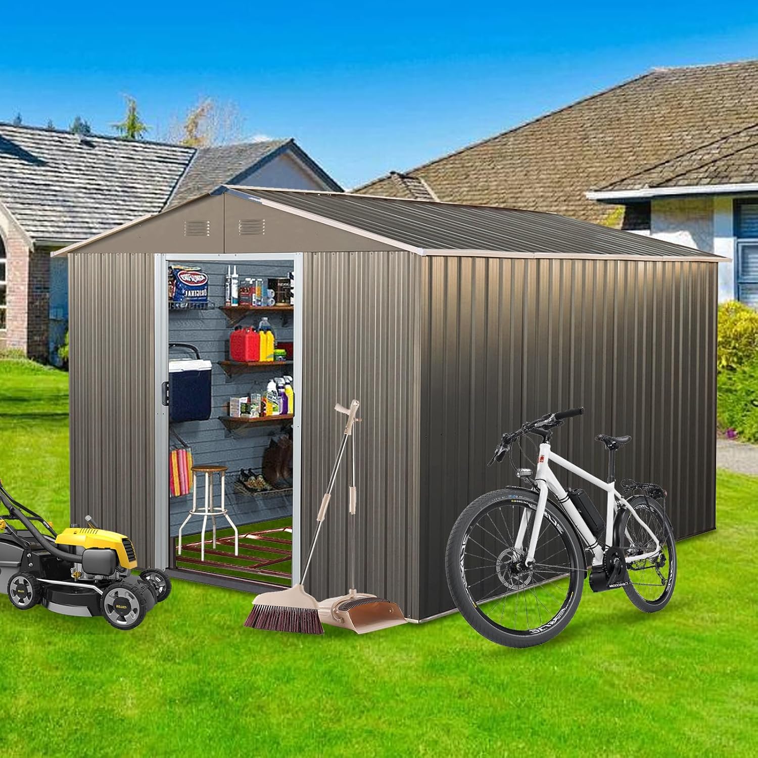 KEIKI 8x10 FT Outdoor Metal Storage Shed with Peaked Roof,Vents and Lockable Door for Garden Yard Lawn