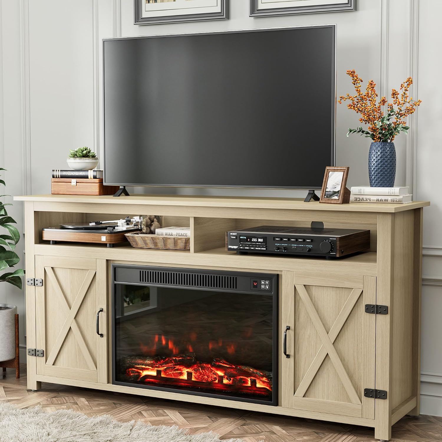 YESHOMY Fireplace TV Stand for Television up to 65+ Inch with Storage and Farmhouse Barn Doors, Entertainment Center with Cabinet and Shelves, Media Console for Living Room, Oak