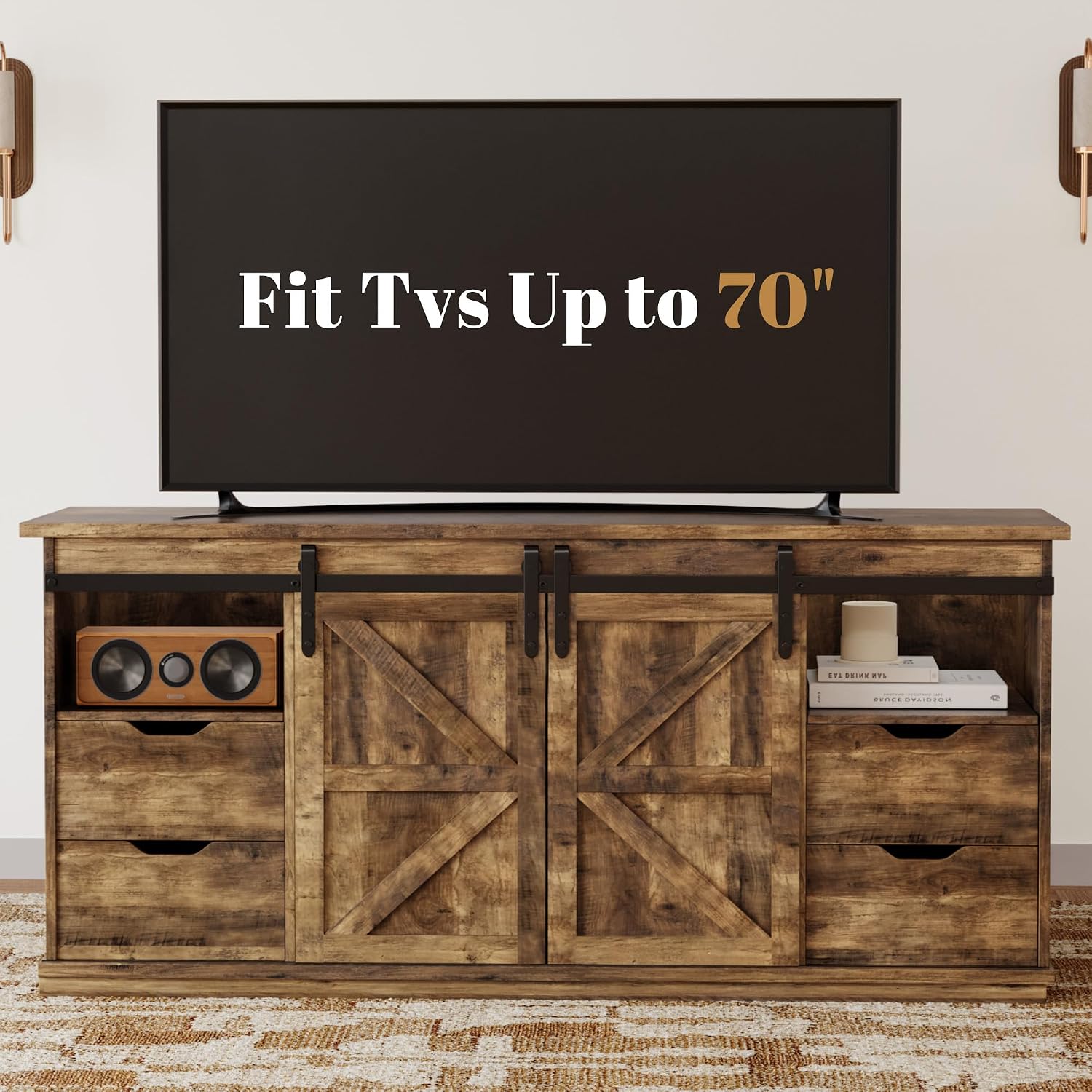 YESHOMY Farmhouse TV Stand for Televisions up to 65 Inch, Wood Entertainment Center with Sliding Barn Doors and 4 Storage Drawers, 58'' Media Console Cabinet with Shelves for Living Room, Barnwood