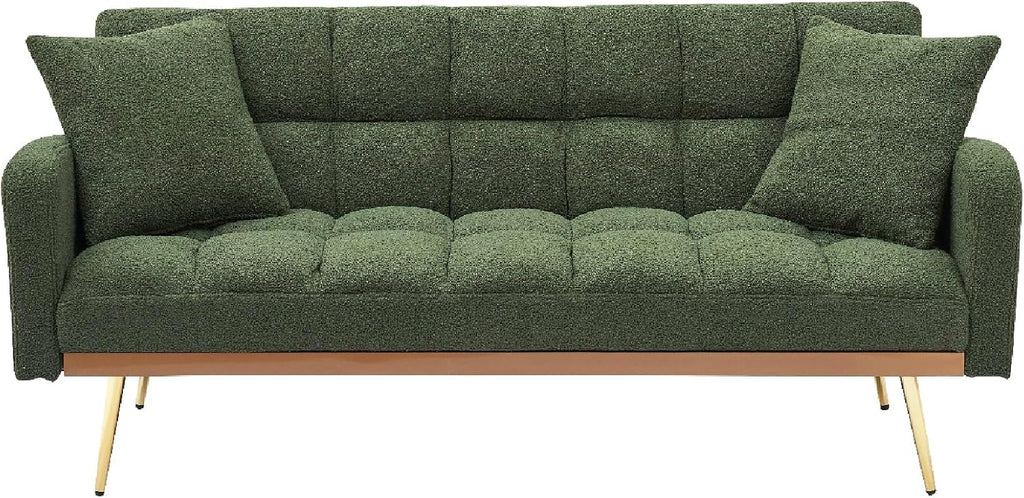 KEIKI 69' Folding Futon Sofa Couch w/Adjustable Backrest, Mid Century Modern Loveseat Convertible to Sleeper Bed, Small Comfy Teddy Cloud Couch SofaBed for Living Room & Bedroom, 2 Pillows, Green