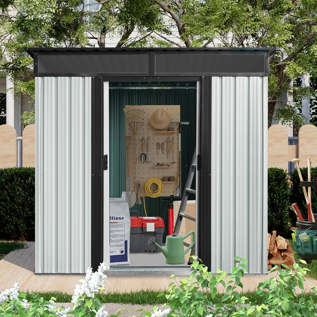 6x5 ft Outdoor Metal Storage Shed with Floor Floor and Window, Lockable Galvanized Steel Tool Shed with Sliding Door, Air Vent and Transparent Plate, Waterproof Garden Storage House for Backyard