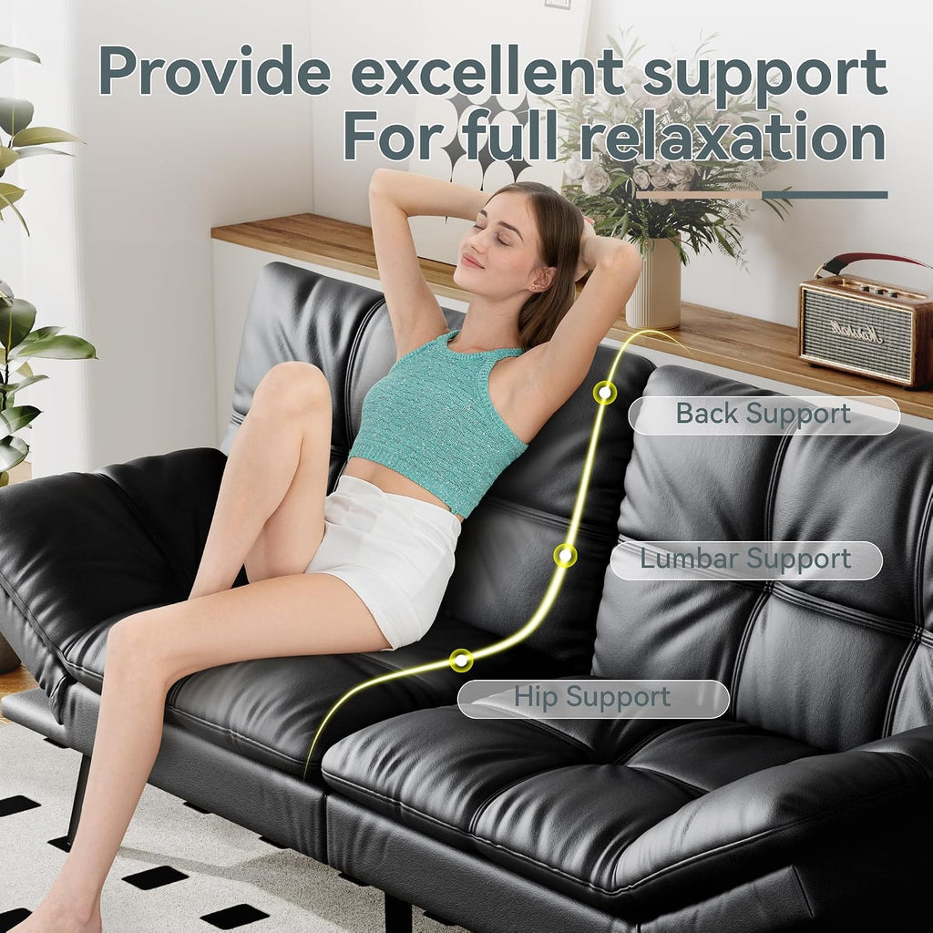 Futon Sofa Bed Convertible Couch, Black Faux Leather Sofa Bed with Memory Foam, Adjustable Backrest & Armrests, Multifunctional Small Loveseat Sleeper Sofa for Living Room, Apartment, Office