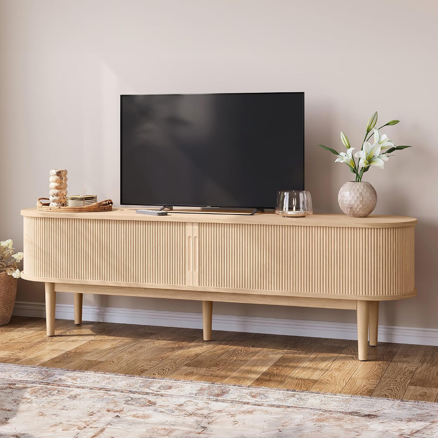 LINSY HOME 70' Fluted TV Stand for TVs up to 80 Inch, Mid Century Modern Entertainment Center with Storage Cabinet and Sliding Doors, Farmhouse Wood Media TV Console for Living Room, Bedroom, Oak