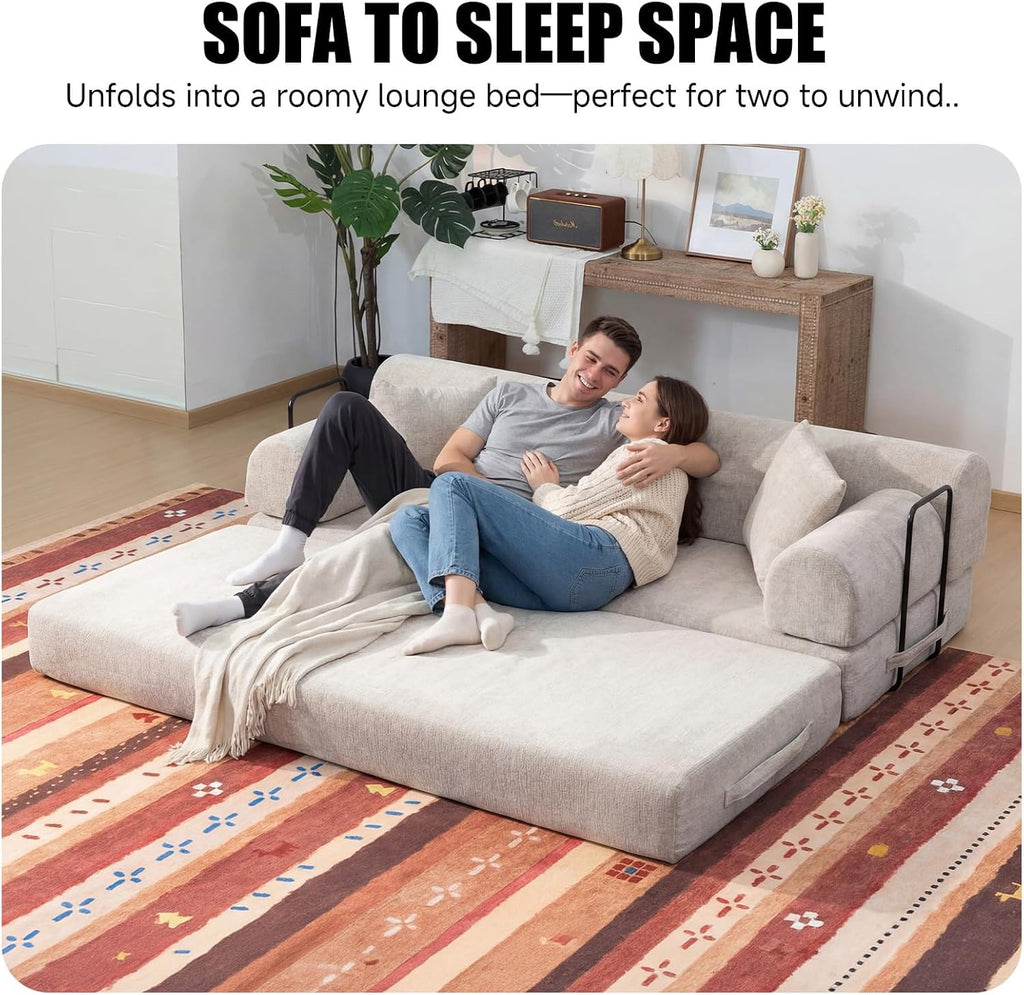 78.8' Memory Foam Boneless Couch, Corduroy Floor Sofa Bed, Convertible Sleeper Futon Loveseat, Wide Armrests & Back Support, Supports Up to 1200 lbs, Couch in a Box with 2 Pillows, Light Camel
