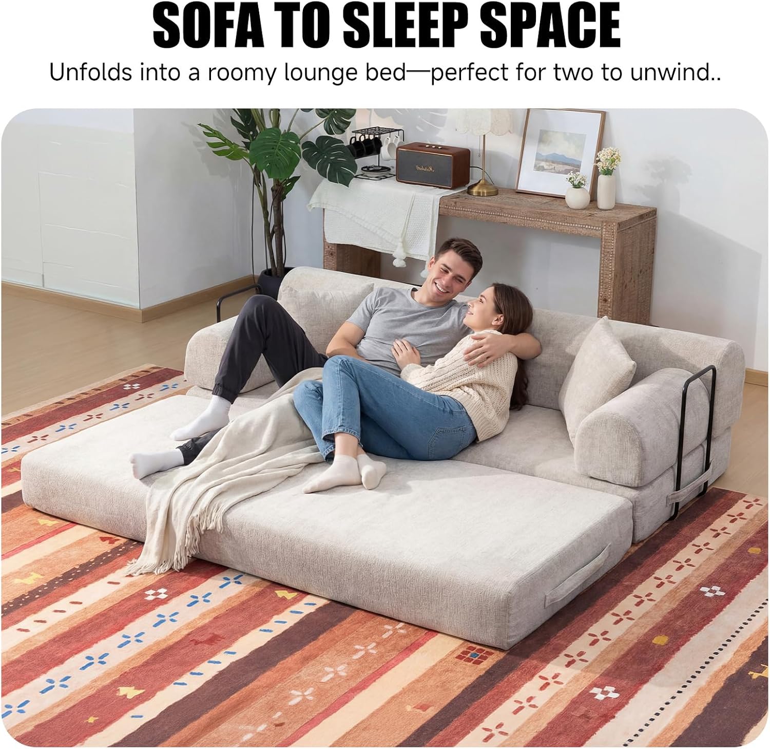 78.8' Memory Foam Boneless Couch, Corduroy Floor Sofa Bed, Convertible Sleeper Futon Loveseat, Wide Armrests & Back Support, Supports Up to 1200 lbs, Couch in a Box with 2 Pillows, Light Camel