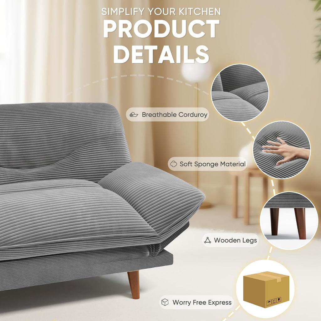 JUMMICO Convertible Futon Sofa Bed, Sleeper Futon Couch with Adjustable Backrest and Armrests, Modern Loveseat with Sturdy Wood Frame for Small Spaces, Apartments (Corduroy, Dove Gray)