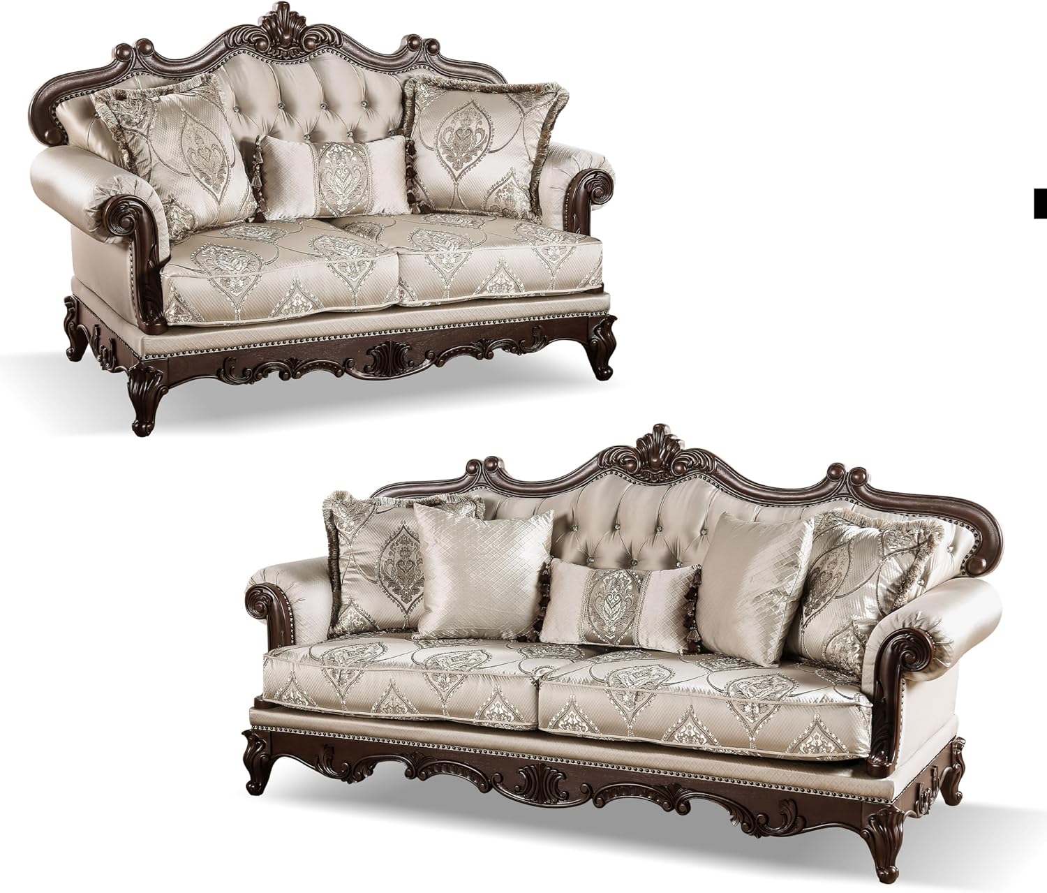 Furniture of America Adelaide Traditional Upholstered Sofa Set with Rolled Armrests, Wooden Loveseat and Comfortable Couch for Living Room, Office, 2-Piece Set, Dark Cherry/Beige