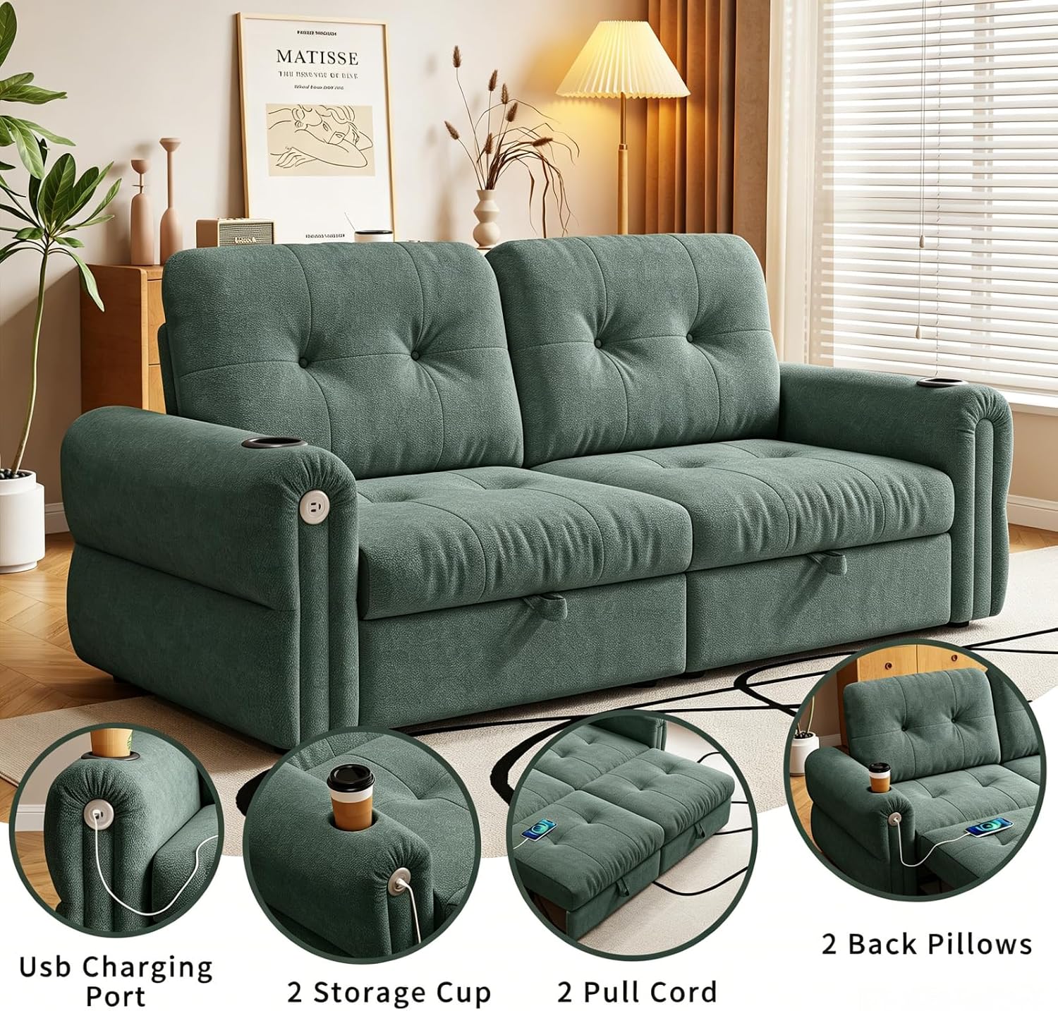 Convertible Couches, Queen Size Pull Out Sofa Bed with USB Charging Port and Cup Holders, Plannelette Fabric Convertible Sofa Bed for Small Space, Living Room, Apartment, Guest Room, Green