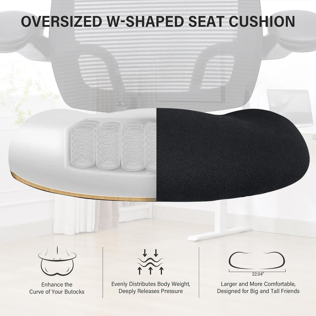 500lbs Big and Tall Office Chair - Heavy Duty Mesh Ergonomic Desk Chair with Headrest, High Back Computer Chair - Flip-up Armrests, Wide Thick Seat Cushion, Quiet Wheels, Black