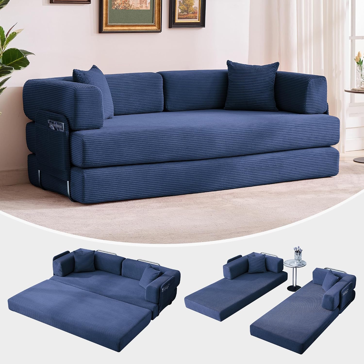 Garvee 5-in-1 Convertible Sofa Bed, 78.8' Modular Corduroy Sleeper with Sturdy Frame & No Assembly, Multi-Functional Futon for Small Space, Living Room & Guest Room (Blue)
