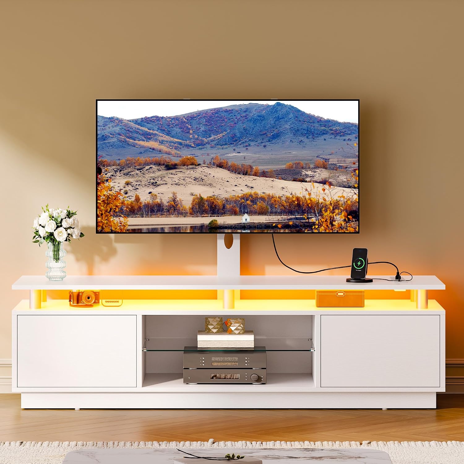 DWVO White TV Stand for 75/70/65 inch TV with Mount & Power Outlet, Modern LED TV Stands for Living Room, Entertainment Center with Storage, Television Stand, Gaming Media Stand