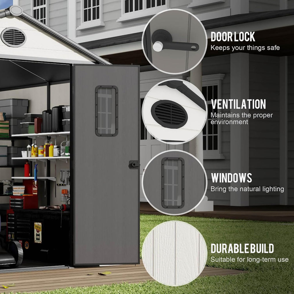 8' x 6' Outdoor Resin Storage Shed with Floor,Galvanized Metal Waterproof Garden Shed with Lockable Door, Windows, Vents, Plastic Tool, Bike Storage for Patio Furniture, Lawn Mower