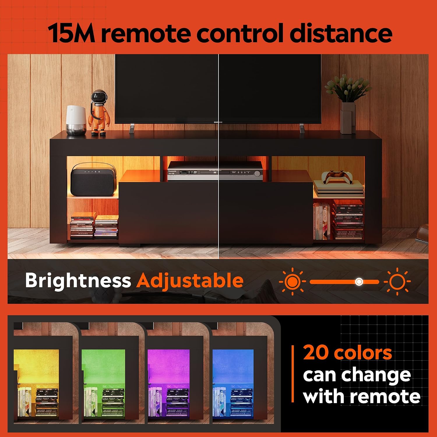 WLIVE TV Stand with LED Lights & 2 Large Storage Drawers, Modern Entertainment Center for 32/43/50/55/60 Inchs TVs, Sturdy TV Console for Living Room, Bedroom(Black)