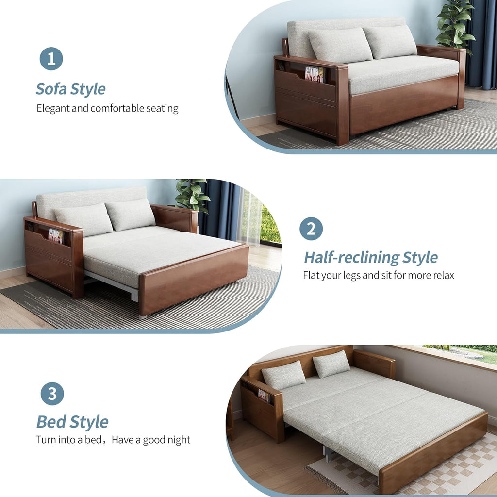 59' convertible sofa sleeper with storage,grey soft cushion sectional sleeper sofa with reversible chaise,walnut color wood sofa bed 3 in 1 pull out couch bed for livingroom,apartment,bedroom,office