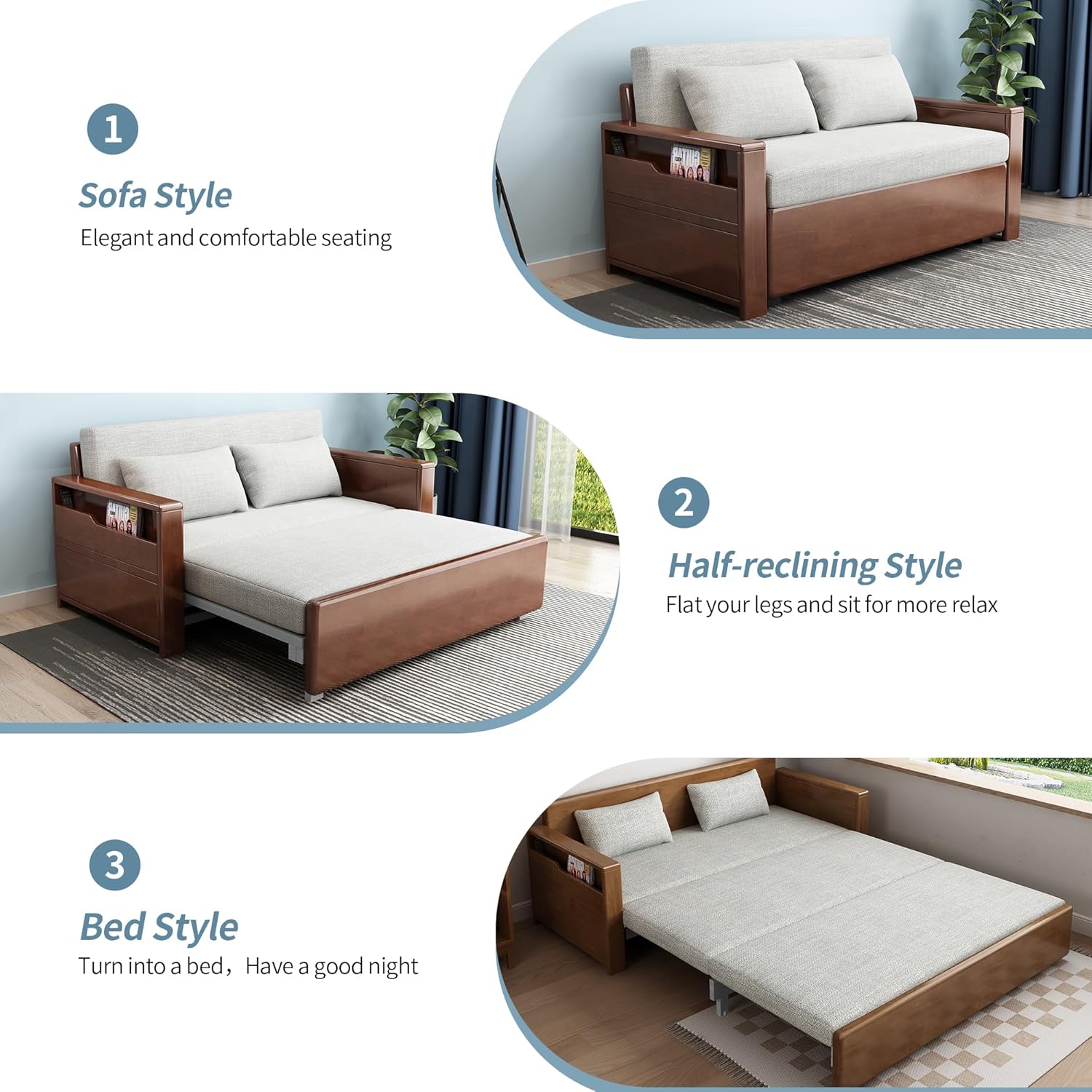 59' convertible sofa sleeper with storage,grey soft cushion sectional sleeper sofa with reversible chaise,walnut color wood sofa bed 3 in 1 pull out couch bed for livingroom,apartment,bedroom,office