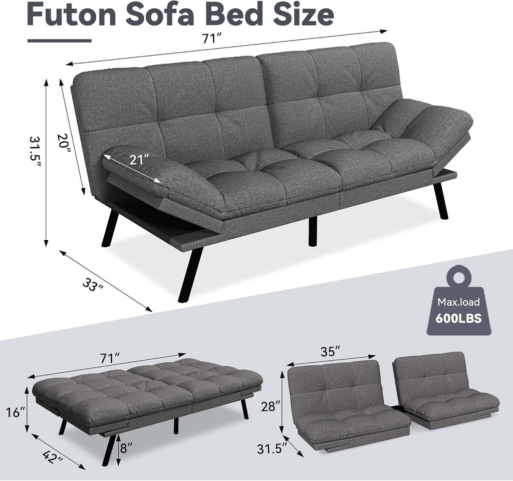 Convertible Futon Sofa Bed,Linen Futon Couch with Detachable Cushion,Adjustable Backrest & Armrest,Modern Small Loveseat Sleeper Recliner for Living Room,Office,Apartment,Grey
