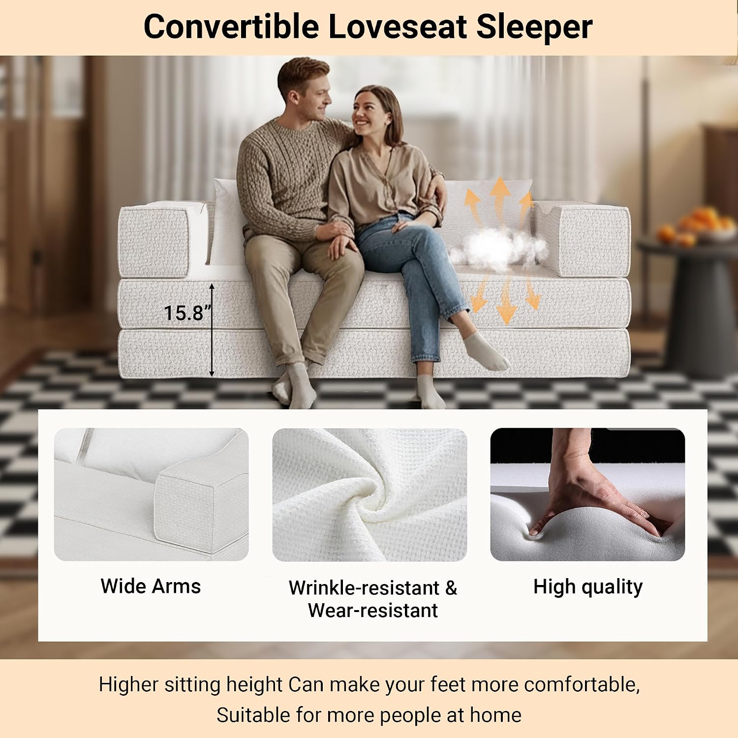 MAKIAAP 80' Foldable Chenille Futon Sofa Bed, 4-in-1 Convertible Couch with 2 Pillows, King-Size Floor Lounger for Living Room, Guest Room, Dorm - No Assembly (Beige, 80in)