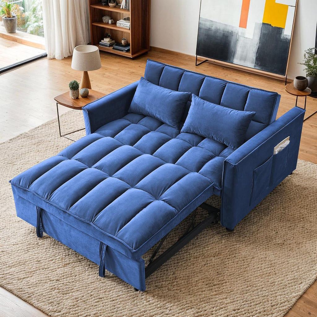 3 in 1 Convertible Sleeper Sofa Bed,Futon Pull Out Couch with Adjustable Backrest,Velvet Fabric Loveseat Sofa with Side Pocket for Bedroom, Living Room