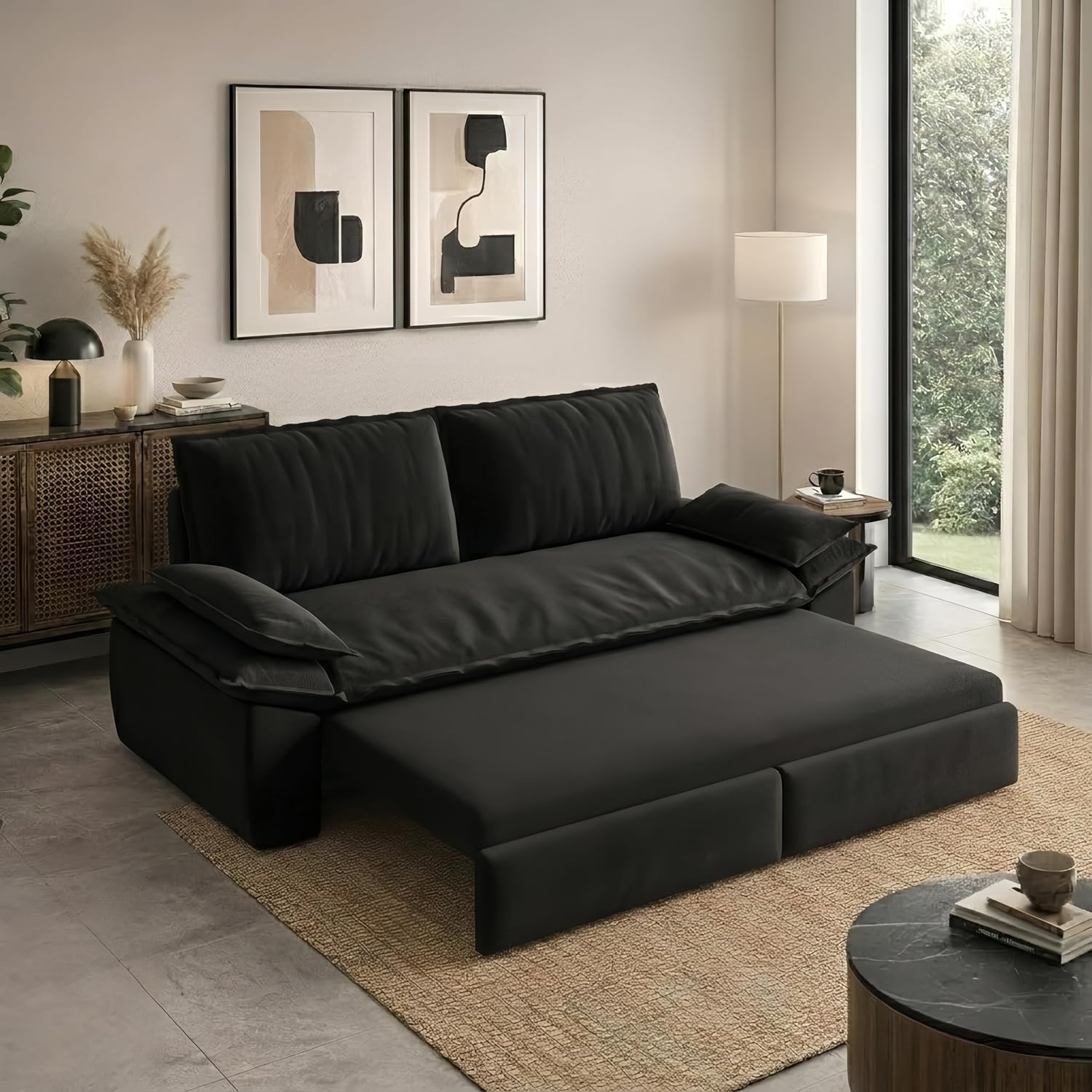 73.2' Sofa Bed Queen, 3-in-1 Pull Out Sofa Bed with Pillow Armrest, Modern Velvet Convertible Sleeper Futon Sofa for Living Room Small Space, Apartment, Bedroom, Black