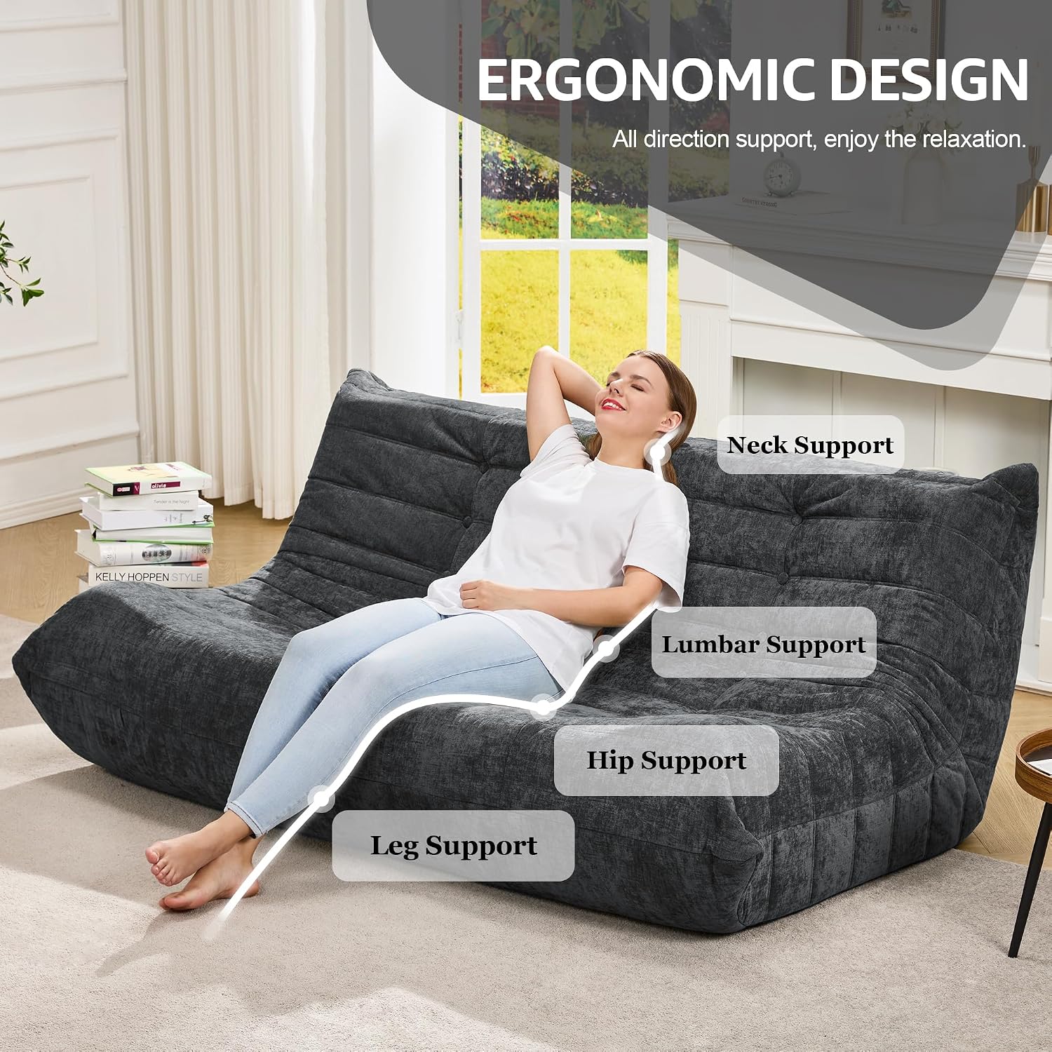 Bean Bag Chairs for Adults Giant Bean Bag Chair Memory Foam BeanBag Chair Bean Bag Sofa with Filler Faux Fur Fireside Beanbags Lazy Sofa for Living Room Bedroom Office (Darkgrey Chenille, 3-Seater)