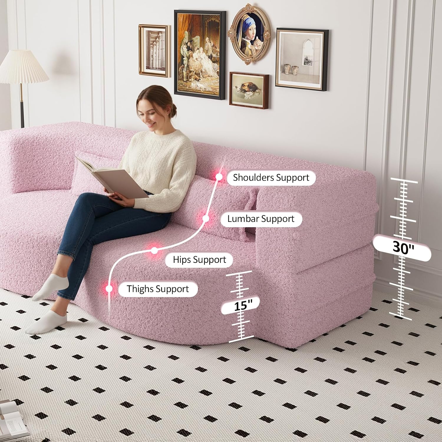 CAPCAEK Folding Foam Sofa Bed,15' Full Size Floor Couch,Convertible Teddy Fabric Foam-Filled Sleeper Futon Loveseat Couch for Living Room, Guest Use, Office, Apartmen (Pink)
