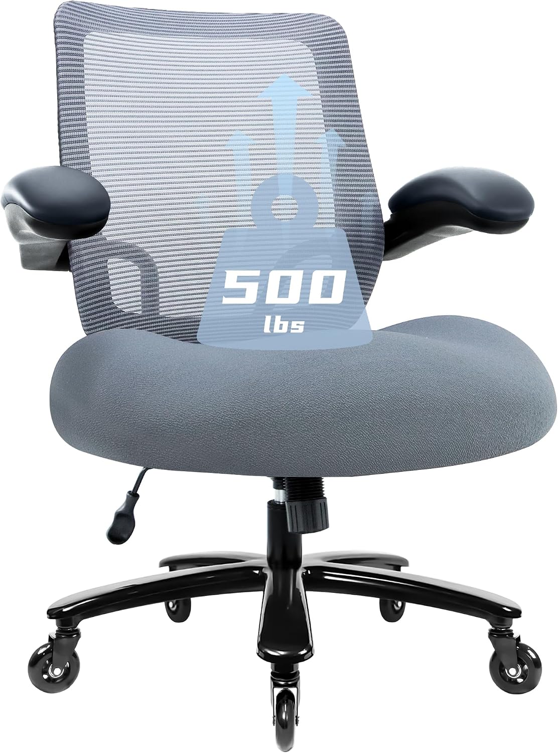 Kassipo 500LBS Big and Tall Office Chair with Flip-Up Armrests, Heavy Duty Office Chair for Heavy People, Memory Foam Seat Filling Springs, Grey
