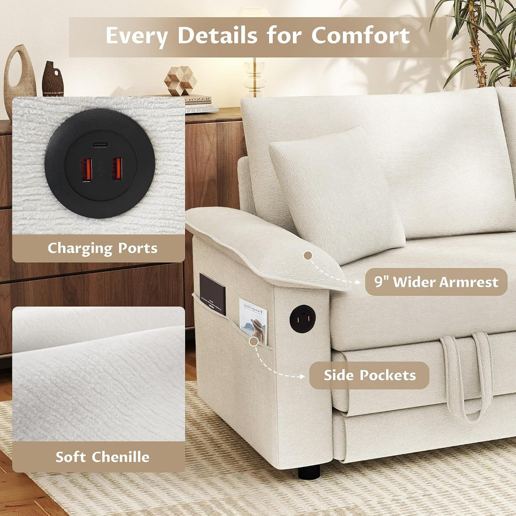 SUNWAVE 77' Sleeper Sofa Convertible Sofa Bed with USB Ports & Side Pockets, Chenille Loveseat Pull Out Couch with Full Size Sleeping Area, Folding Sofa Bed for Living Room & Small Spaces (Ivory)
