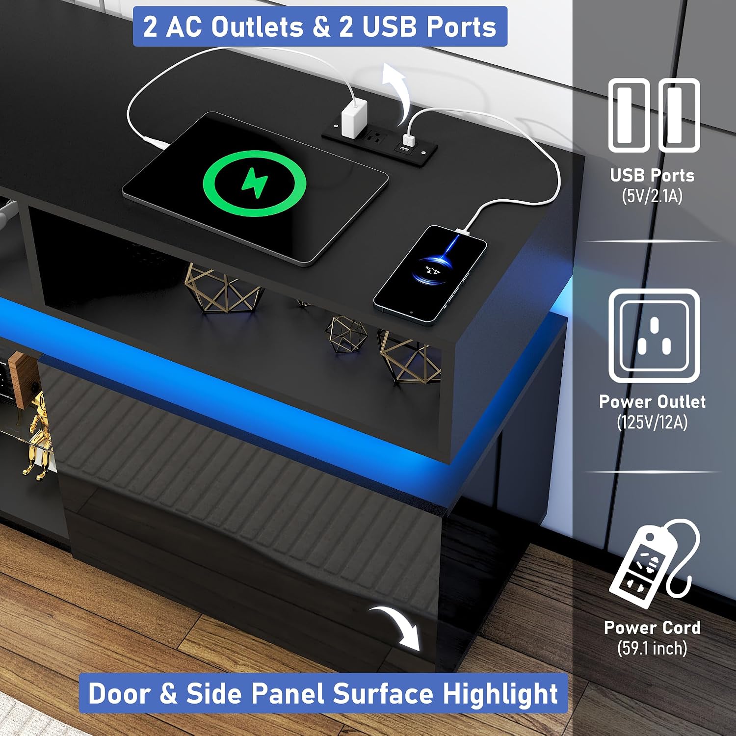 chartustriable LED TV Stand for 80 Inch TV, Modern Tall Entertainment Center with Power Outlets, High Gloss TV Stand, Gaming TV Media Console with Glass Shelf for Living Room, 71 Inch, Black