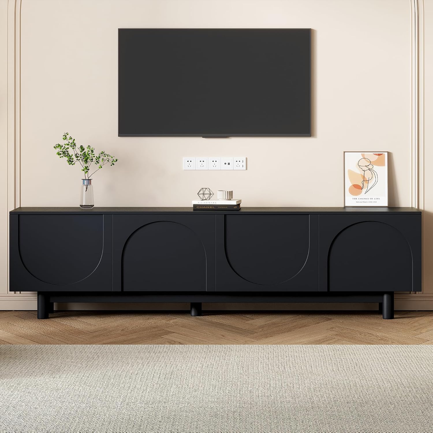 Merax Modern TV Stand with Arch Cabinets, Solid Wood Legs & Adjustable Shelves | Entertainment Center with Cable Management for Living Room, Black
