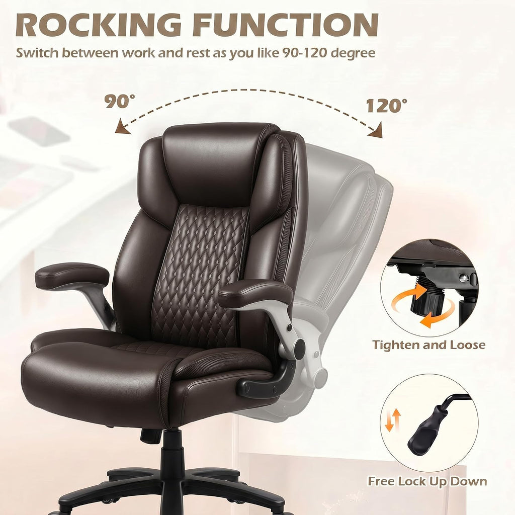 Lembeir 600lbs Big and Tall Office Chair with Flip up Armrest, Heavy Duty Executive Office Chair for Heavy People, High Back Computer Chair with Adjustable Lumbar Support,Brown