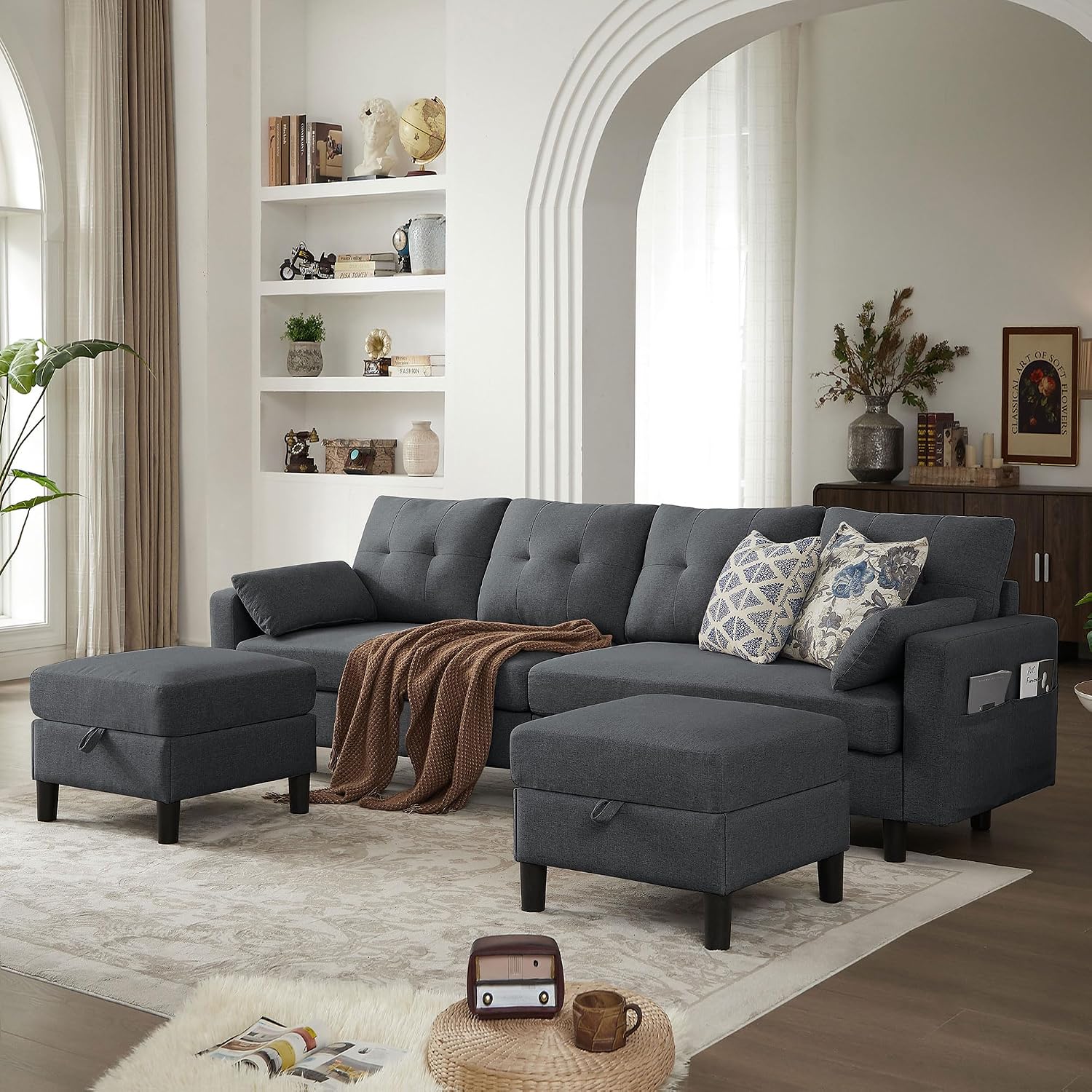 101' Convertible Sectional Sofa, Modern Linen Fabric U-Shaped Couch with 2 Storage Ottomans and Storage Pocket, 4 Seat Sofa Couches for Living Room, Apartment, Office, Darkgrey